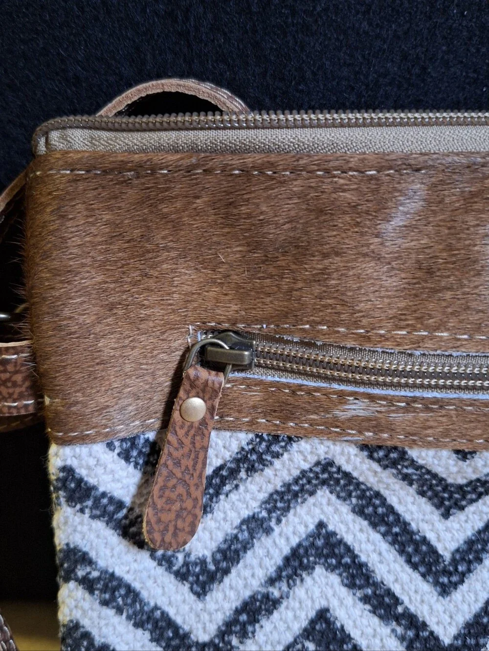 Myra Bag Staggering Crossbody Bag Brown Canvas Leather Cow Hair Western Zip Top